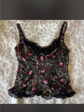 Black Floral Ruffled Cami Top with Pink Roses